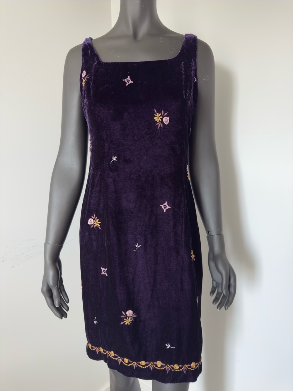217. Ann Taylor Silk Blend Purple Velvet Midi Dress with Floral Embroidery